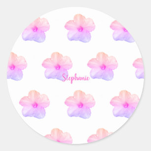 Pink Purple Floral Birthday Wedding Custom Name Classic Round Sticker