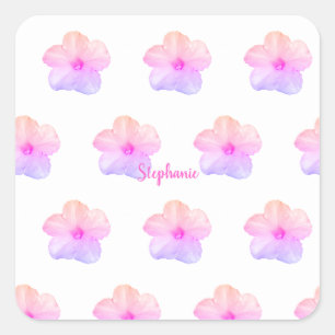 Pink Purple Floral Birthday Wedding Custom Name Square Sticker