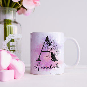 Pink Purple Floral Black Letter Monogram A Coffee Mug