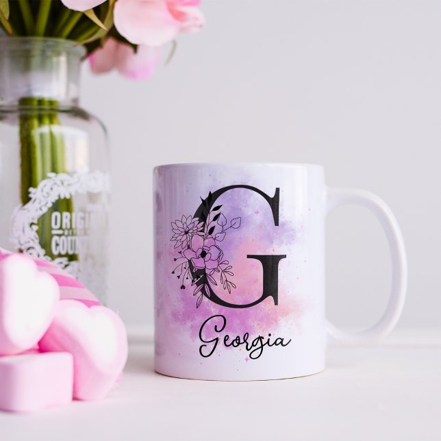 Pink Purple Floral Black Letter Monogram G Coffee Mug (Creator Uploaded)