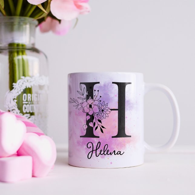 Pink Purple Floral Black Letter Monogram H Coffee Mug (Creator Uploaded)