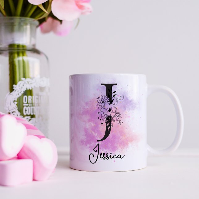 Pink Purple Floral Black Letter Monogram J Coffee Mug (Creator Uploaded)