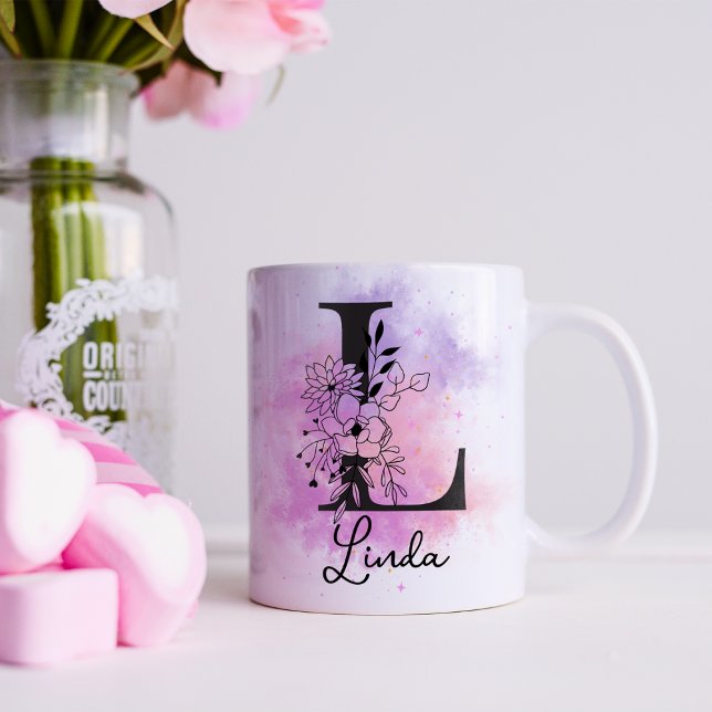 Pink Purple Floral Black Letter Monogram L Coffee Mug (Creator Uploaded)