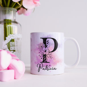Pink Purple Floral Black Letter Monogram P Coffee Mug