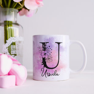 Pink Purple Floral Black Letter Monogram U Coffee Mug