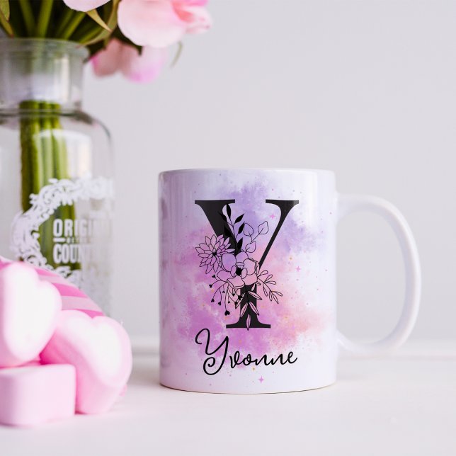 Pink Purple Floral Black Letter Monogram Y Coffee Mug (Creator Uploaded)