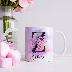 Pink Purple Floral Black Letter Monogram Z Coffee Mug