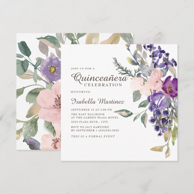 Pink Purple Floral Botanical Quinceañera Invitation (Front/Back)