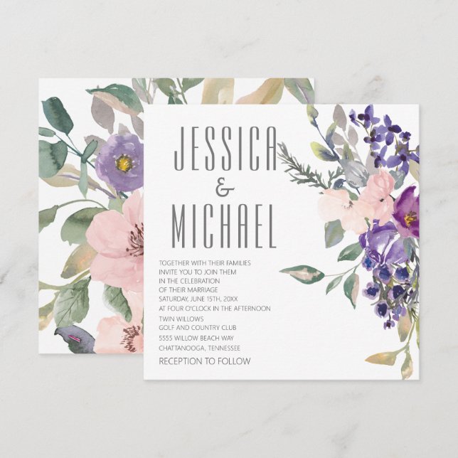 Pink Purple Floral Botanical Wedding Invitation (Front/Back)