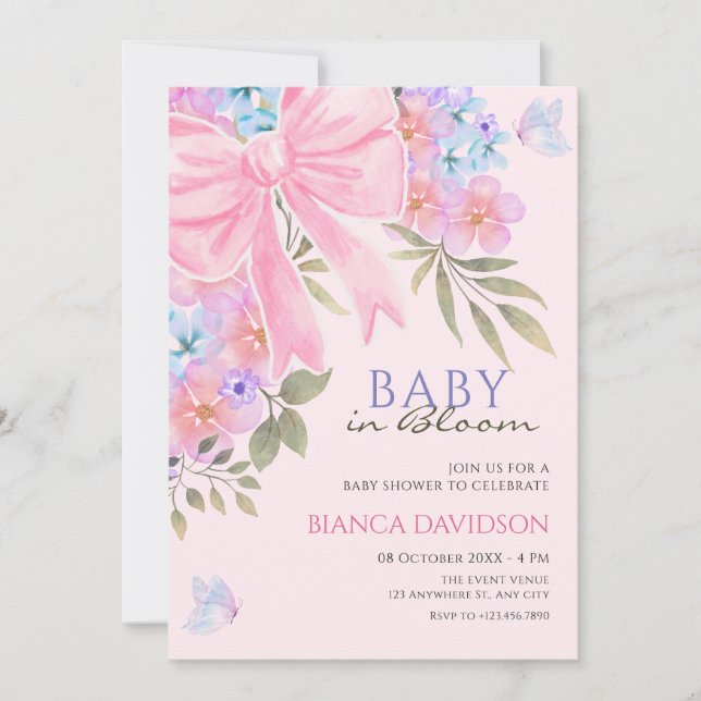 Pink purple Floral bow baby shower Invitation (Front)