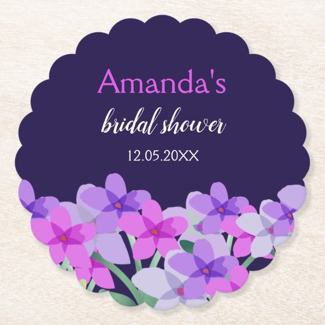 Pink Purple Floral Bridal Shower Paper Coaster (Front)