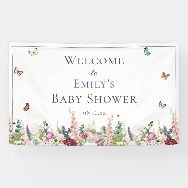 Pink Purple Floral & Butterflies Baby Shower Banner (Horizontal)