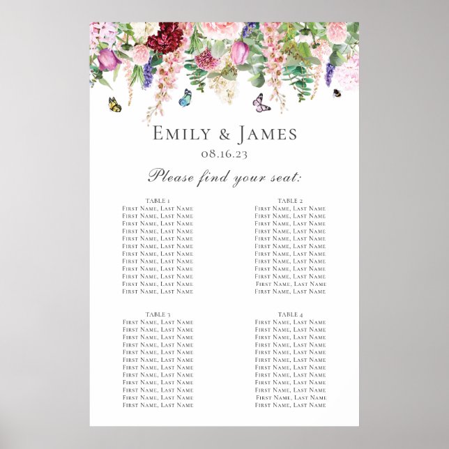 Pink Purple Floral & Butterflies Seating Chart (Front)