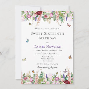 Pink Purple Floral & Butterfly   16th Birthday Invitation