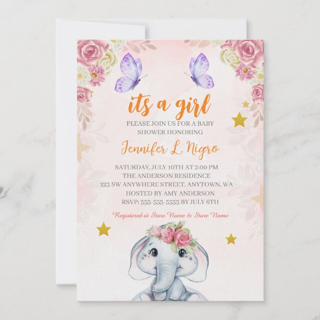Pink Purple Floral Butterfly AND elophant Invitation (Front)