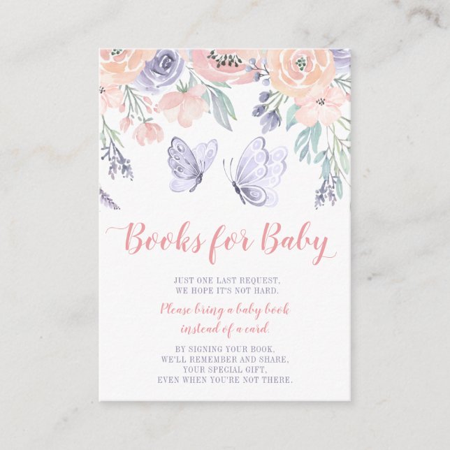 Pink Purple Floral Butterfly Baby Book Request Enclosure Card (Front)
