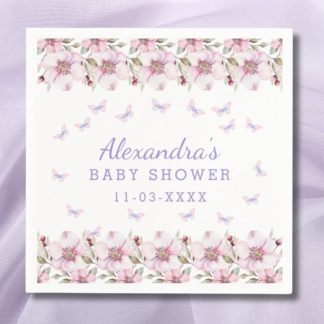 Pink Purple Floral Butterfly Baby Shower Napkin (Creator Uploaded)