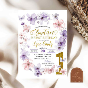 Pink Purple Floral Butterfly Baptism 1st Birthday Invitation