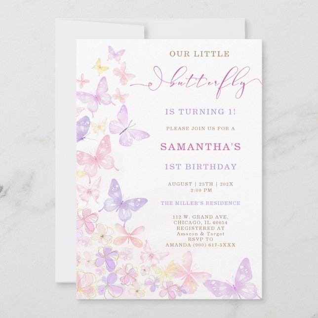 Pink Purple Floral Butterfly Birthday Invitation (Front)