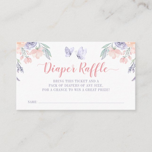 Pink Purple Floral Butterfly Diaper Raffle Ticket Enclosure Card (Front)