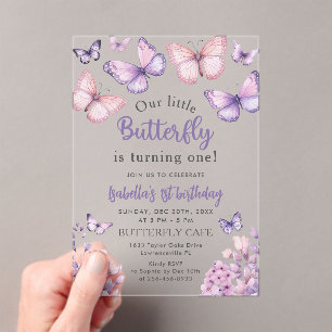 Pink Purple Floral Butterfly Girl 1st Birthday  Acrylic Invitations