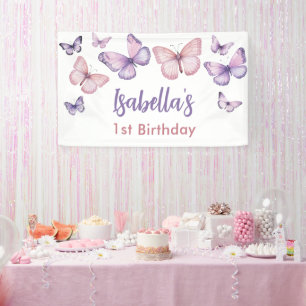 Pink Purple Floral Butterfly Girl 1st Birthday  Banner