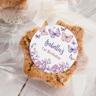 Pink Purple Floral Butterfly Girl 1st Birthday Classic Round Sticker