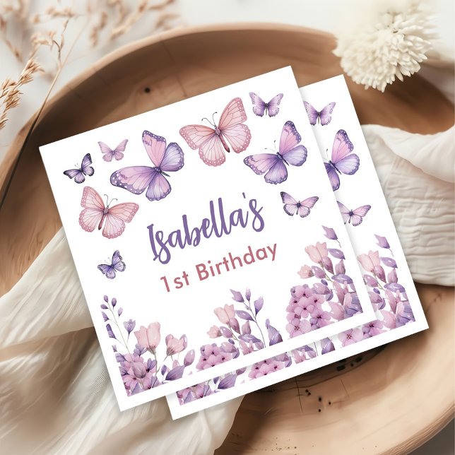 Pink Purple Floral Butterfly Girl 1st Birthday Napkin (Creator Uploaded)