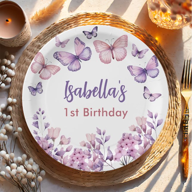 Pink Purple Floral Butterfly Girl 1st Birthday  Paper Plate (Creator Uploaded)