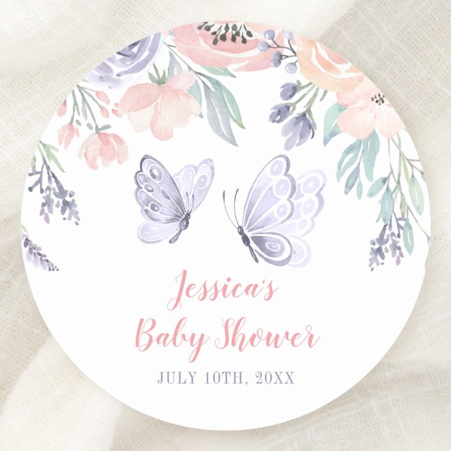 Pink Purple Floral Butterfly Girl Baby Shower Classic Round Sticker (Creator Uploaded)