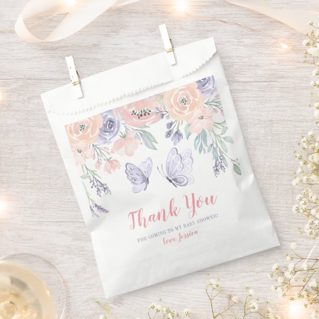 Pink Purple Floral Butterfly Girl Baby Shower Favour Bags (Clipped)