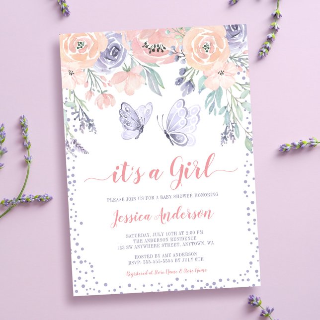 Pink Purple Floral Butterfly Girl Baby Shower Invitation (Creator Uploaded)