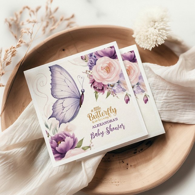 Pink Purple Floral Butterfly Girl  Baby Shower Napkin (Creator Uploaded)