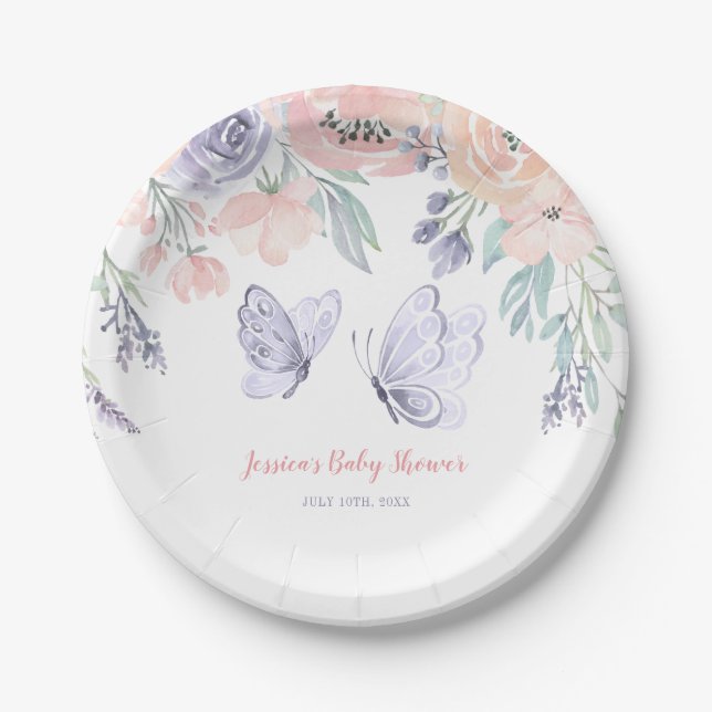 Pink Purple Floral Butterfly Girl Baby Shower Paper Plate (Front)