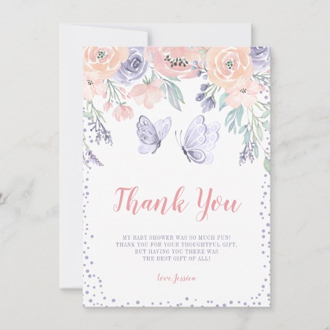 Pink Purple Floral Butterfly Girl Baby Shower Thank You Card (Front)