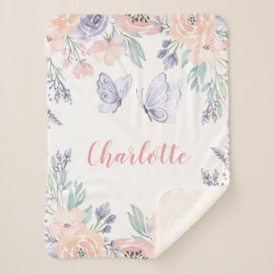 Pink Purple Floral Butterfly Personalised Girl Sherpa Blanket