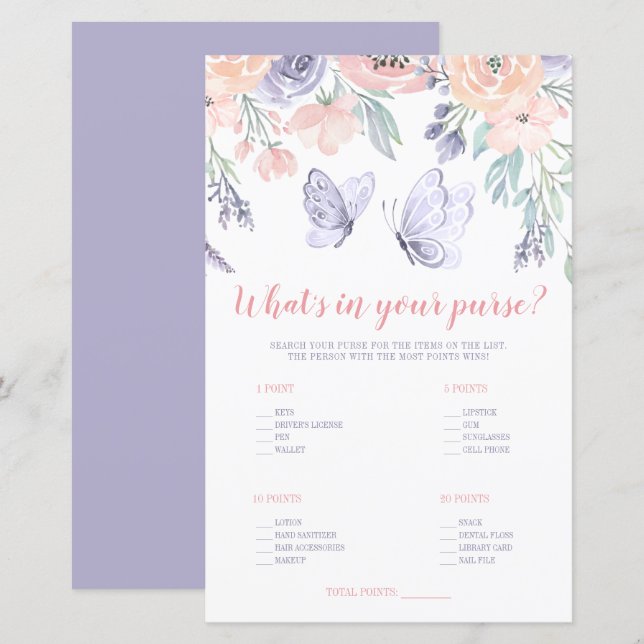 Pink Purple Floral Butterfly What's in Your Purse (Front/Back)