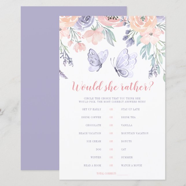 Pink Purple Floral Butterfly Would She Rather Game (Front/Back)