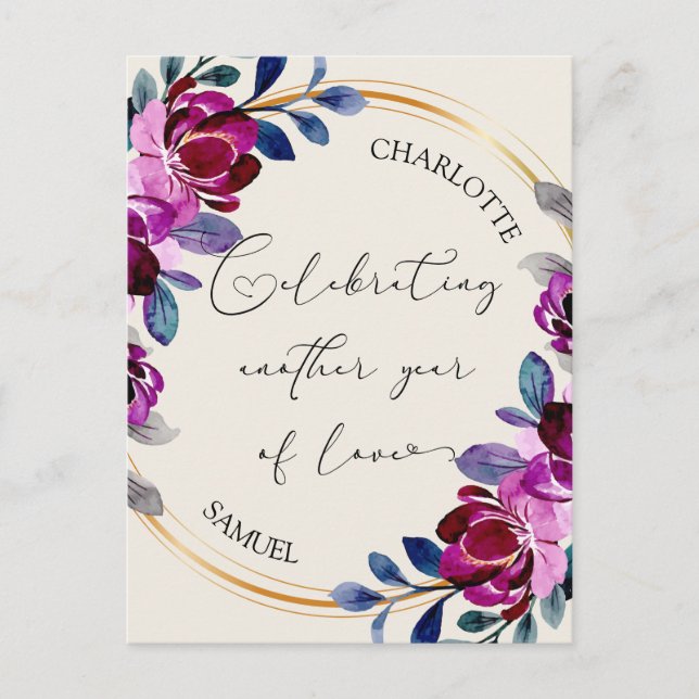 Pink Purple Floral Celebrate Love Anniversary  Postcard (Front)
