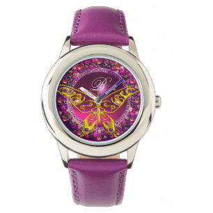 PINK PURPLE FLORAL CROWN GOLD BUTTERFLY ,GEMSTONES WATCH