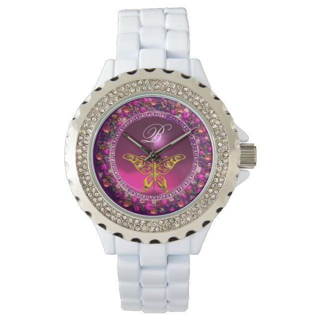 PINK PURPLE FLORAL CROWN GOLD BUTTERFLY ,GEMSTONES WATCH (Front)