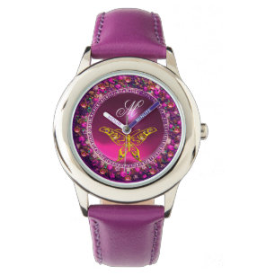 PINK PURPLE FLORAL CROWN GOLD BUTTERFLY ,GEMSTONES WATCH