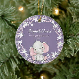 Pink Purple Floral Elephant Girl 1st Christmas Ceramic Tree Decoration
