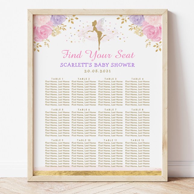 Pink Purple Floral Fairy Girl Baby Shower Seating Poster (Creator Uploaded)
