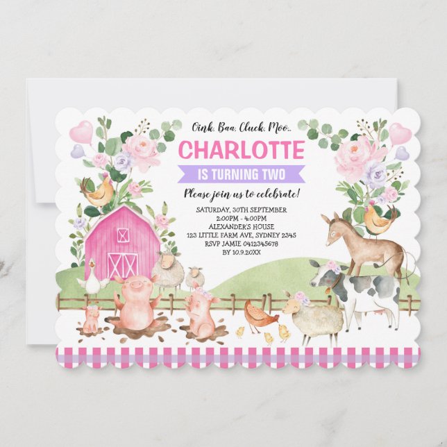 Pink Purple Floral Farm Barnyard Animals Birthday Invitation (Front)