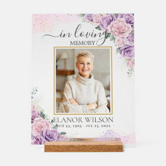 Pink Purple Floral Funeral Memorial Picture Photo Acrylic Sign
