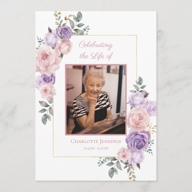 Pink Purple Floral Funeral Memorial Program Programme (Front)