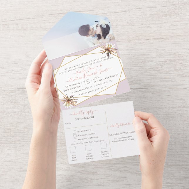 Pink Purple Floral Geometric Gold Frame Wedding  A All In One Invitation (Tearaway)