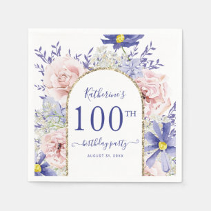Pink Purple Floral God Frame 100th Birthday Party Napkin