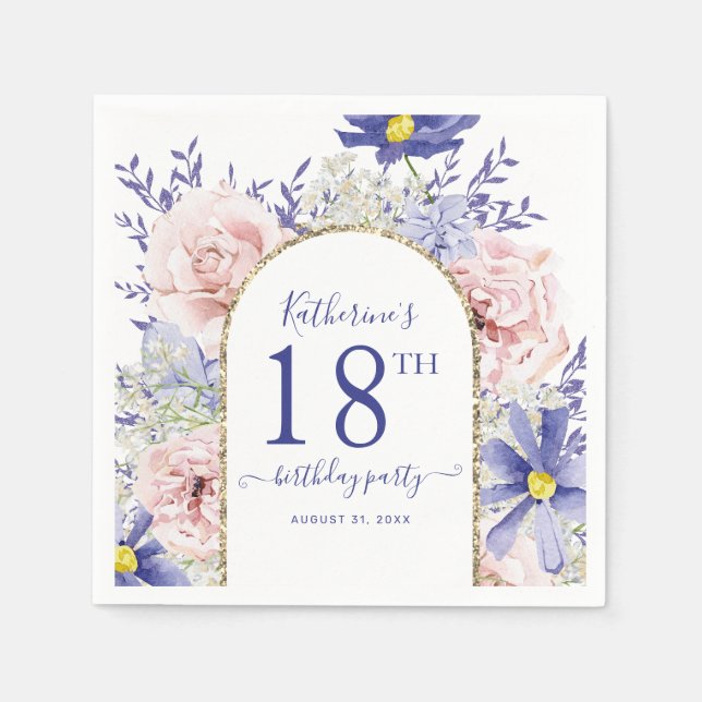 Pink Purple Floral God Frame 18th Birthday Party Napkin (Front)